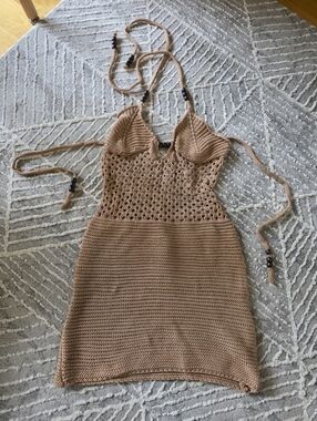 New Xs Crochet Halter Mini Dress in Warm Camel Shein